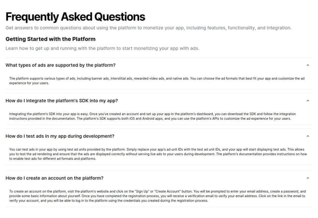 Thumbnail for prompt: create a faq page for ad network platform which has lot of code snippets, screenshots and videos