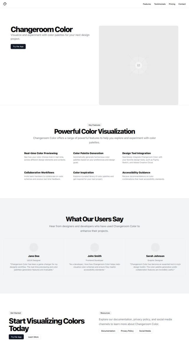 Thumbnail for prompt: Write me a landing page for an color visualizing app called "changeroomcolor.com" using shadcn ui