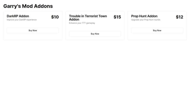 Thumbnail for prompt: Create a gmodstore style page where you can buy garry's mod addons