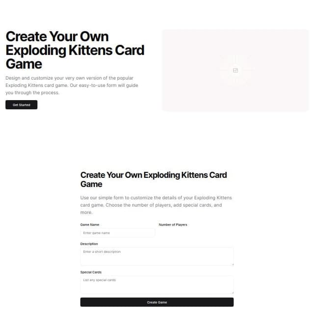 Thumbnail for prompt: A website to welcome users to complete a form to make a card game similar to exploding kittens. Two pages, the welcome and the formç