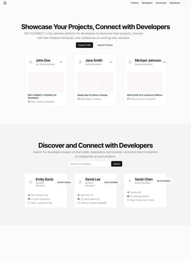 Thumbnail for prompt: create a website "DEV-CONNECT" where developers can list their projects and also search for developers to send invite for them to join the project as well as also have a community chat feature like twitter . 