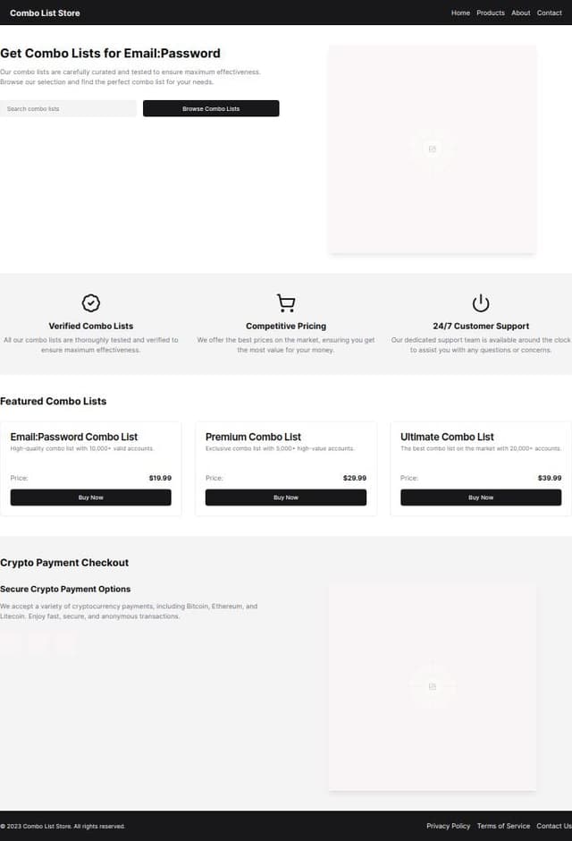 Thumbnail for prompt: Give me full website for selling combolists email:password without login page and with crypto payment checkout