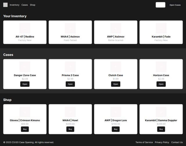 Thumbnail for prompt: layout for a csgo case opening website, would features sections for player / inventory, cases, shop etc