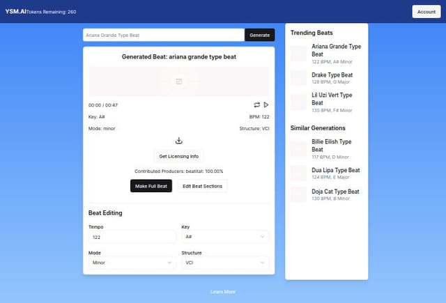 Thumbnail for prompt: Add beat editing features to the left side of the Generated Beat section