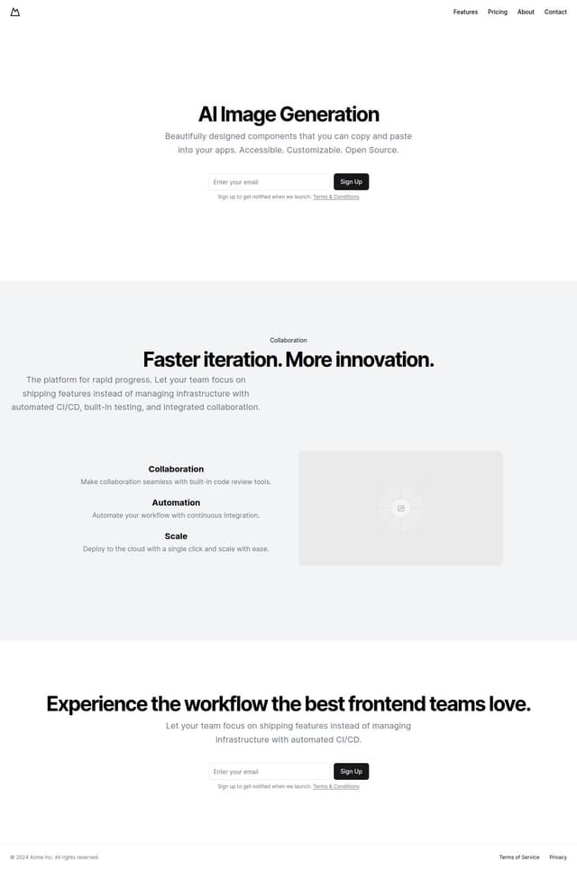 Thumbnail for prompt: a landing page for ai image generation that contain a Header , Hero section  , CTA , FAQ , Pricing ,  Footer