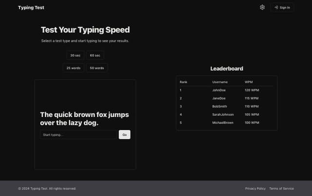 Thumbnail for prompt: A typing test webiste with a very sleek ui, words in the center of the page and options for different test types (30 sec/60sec, 25words/50words, etc.) Include a leaderboard and a login