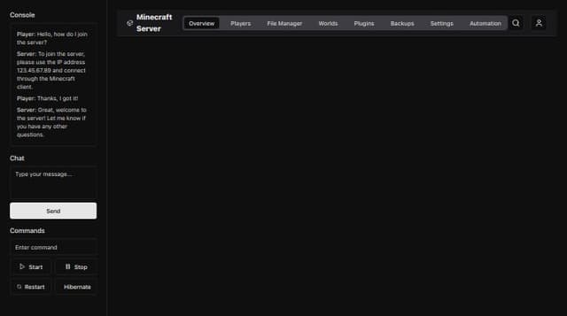 Thumbnail for prompt: now add a console on the left with option to chat and a button to send a command and option for predefined commands. and add a smaller section on the right with server status, start stop and more