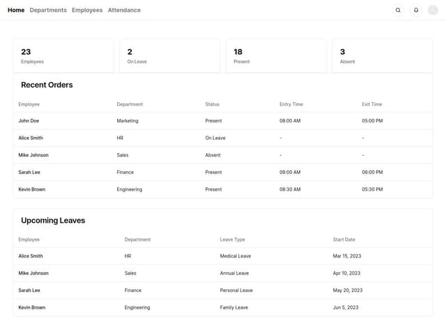 Thumbnail for prompt: add more structured ERP for depicting the organization. give a visual and interactive organization chart. for attendance, i need a daily attendance section with entry and exit times. 