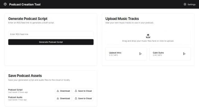Thumbnail for prompt: Design a user interface that performs the following:

Input RSS feed link.
Generate podcast script button.
Option to upload user’s own music.
Settings page for entering ElevenLabs and Groq Labs API keys.
Save files locally or to Google Drive/Dropbox.