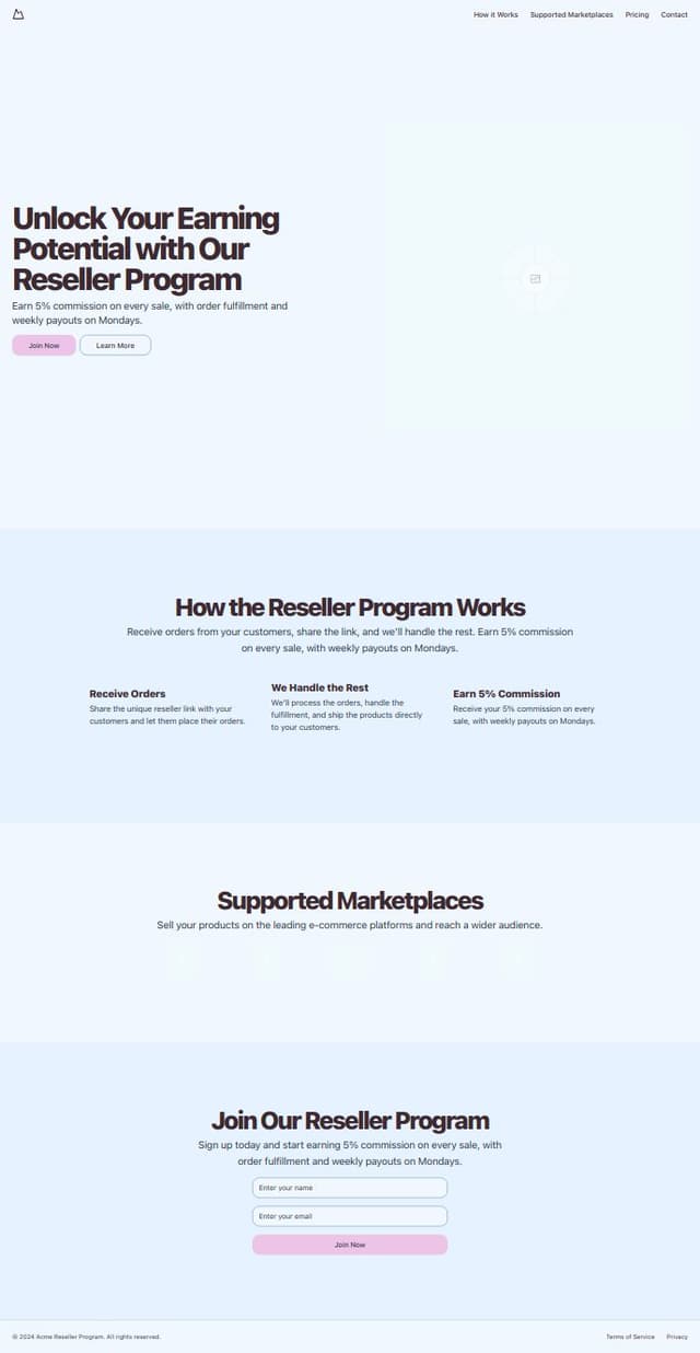 Thumbnail for prompt: A landing page for white label Reseller to join our company, join with us and acquire your customer get the order from them share us the link and volla it's done, rest of the things we will do it for you, we will place order at Amazon, Flipkart, Myntra, Ajio, Meesho etc on your behalf and deliver the product to your customer on your name. you can earn 5% commission cut for every sell you make. Payment will be settled every week on Monday. Let's join and grow together.