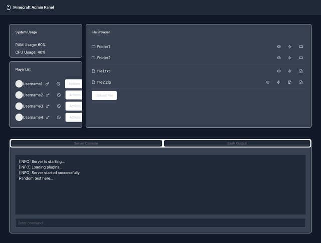 Thumbnail for prompt: The "Server Console" and "Bash Output" buttons should be above the console output and they should be dark until hovered. Make them combined have same lengh as the console otput window, add space between them