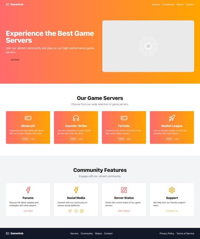 Thumbnail for prompt: Generate a game server website that has vibrant bright colors and appeals to young adults
