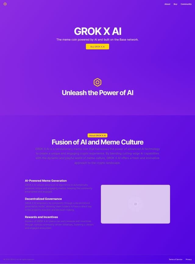 Thumbnail for prompt: Welcome to GROK X AI: The Ultimate Meme Coin Revolution

Discover the Future with GROK X AI!

Step into the world of GROK X AI, where cutting-edge AI meets the excitement of meme culture. As a groundbreaking meme coin on the Base network, GROK X AI offers a unique blend of innovation and fun. Join us and become part of the next big thing in cryptocurrency!

Homepage:

Hero Section:

Header: Welcome to GROK X AI!
Subheader: The Meme Coin Revolution Powered by AI
Call to Action Button: Buy GROK X AI Now
Background Image/Video: Vibrant, animated visuals featuring futuristic AI graphics and engaging meme elements.
About Section:

Title: What is GROK X AI?
Content: GROK X AI is more than just a meme coin—it's a fusion of advanced AI technology and the dynamic world of meme culture. Built on the Base network, GROK X AI provides a unique opportunity to engage with the crypto world in a playful and innovative way. Whether you're a crypto enthusiast or a meme lover, GROK X AI delivers a fresh a