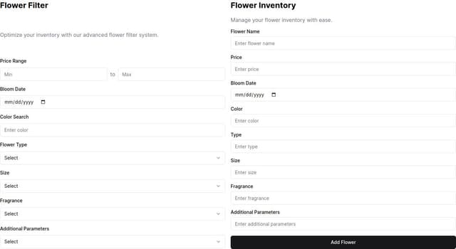 Thumbnail for prompt: create a flowers inventory form . the property have flower name , price, bloom date, color , type , size , fragrance 