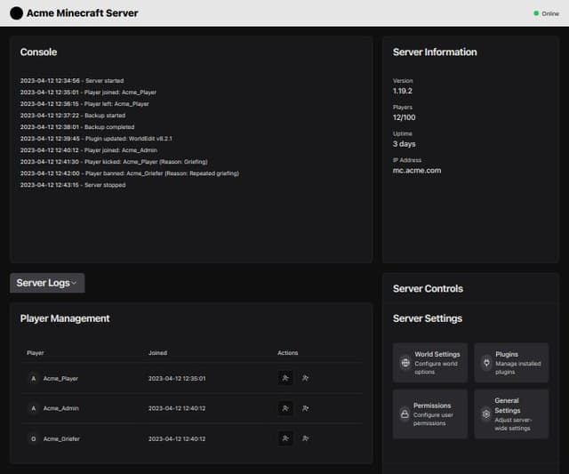 Thumbnail for prompt: add a big console. add the Server controls and information on the right of the console