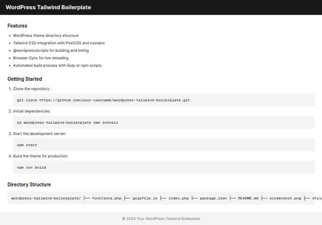 Thumbnail for prompt: create a boilerplate to develop a wordpress theme with tailwindcss, postcss, cssnano, @wordpress/scripts and browser-sync with live reload