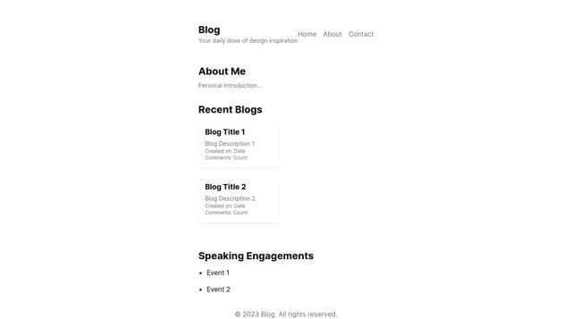 Thumbnail for prompt: 1. make "about me" a seperate section and before recent blogs. 2. add create date and comments count for the blog item. 3. make "speaking engagements" a seperate section.