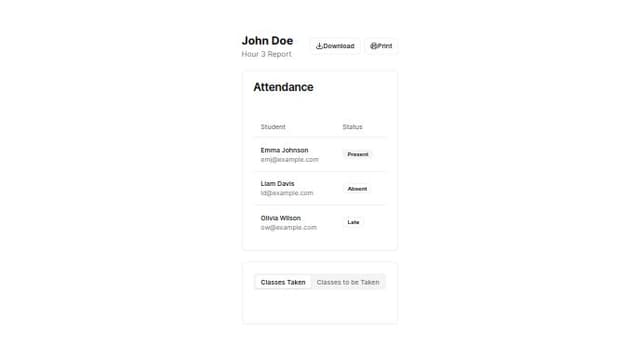 Thumbnail for prompt: report on faculty overview in classes for attendance of students in particular hour, classes taken and classes to be taken in particular hour. give me attendance sheet after clicking on attendance and give me classes taken and classes to be taken after clicking on class work tab