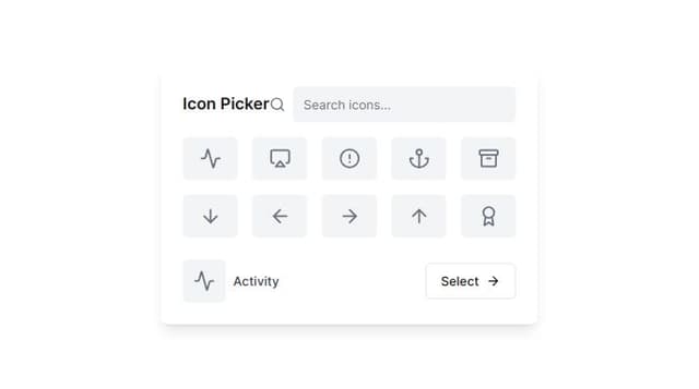 Thumbnail for prompt: create a lucide icon picker that displays a list of selected ten icons of whick you can choose one