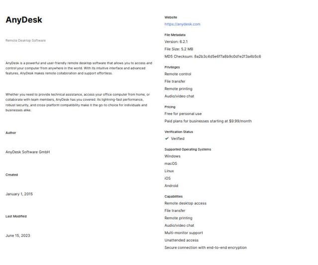 Thumbnail for prompt: design a page to display this data 


{
		"Name": "AnyDesk",
		"Category": "RMM",
		"Description": "AnyDesk is a popular remote desktop software that enables users to access and control a computer or device from a remote location. It was developed with the primary goal of facilitating remote work, technical support, and collaboration between individuals and teams.\n",
		"Author": "Ali Alwashali, Nasreddine Bencherchali",
		"Created": "2023-09-29",
		"LastModified": "2024-08-02",
		"Details": {
			"Website": "https://anydesk.com/en",
			"PEMetadata": [
				{
					"Filename": "anydesk.exe",
					"OriginalFileName": "AnyDesk.exe",
					"Description": "AnyDesk",
					"Product": "AnyDesk"
				}
			],
			"Privileges": "User",
			"Free": true,
			"Verification": false,
			"SupportedOS": ["Android", "ChromeOS", "IOS", "Linux", "Mac", "Windows"],
			"Capabilities": [
				"File Transfer",
				"File System Access",
				"Remote Control",
				"GUI Support",
				"Command line Support"
			],
			"Vuln