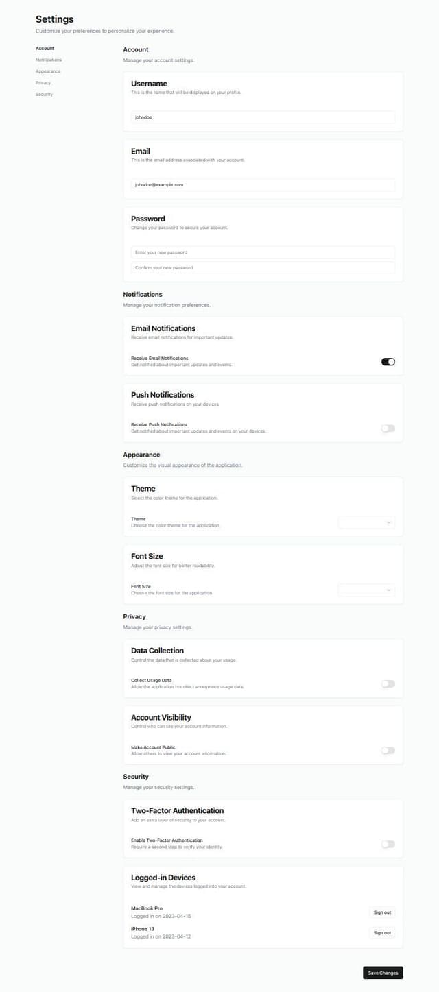 Thumbnail for prompt: Create a settings page using shadcn