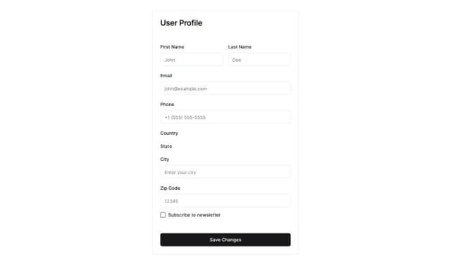 Thumbnail for prompt: A simple form with 8 fields combining text, selector and checkbox inputs. The form should be in a card component.