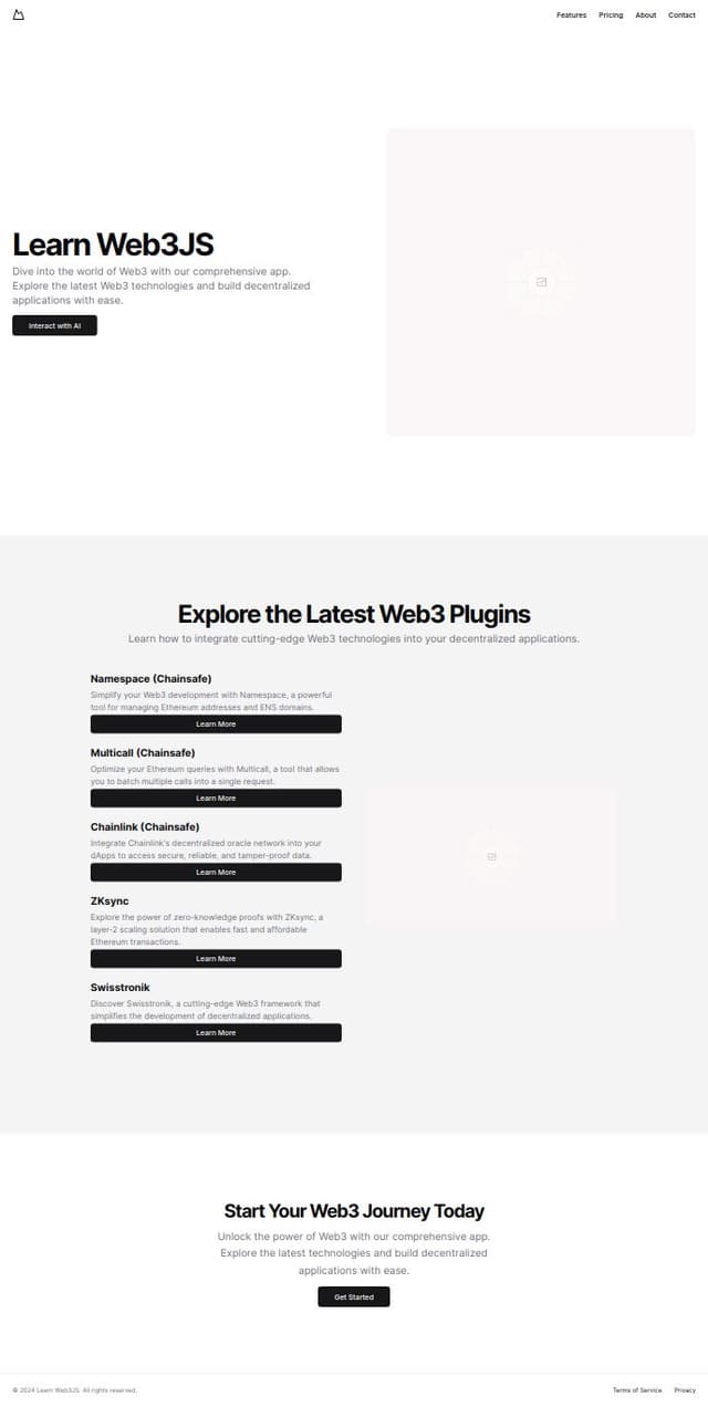 Thumbnail for prompt: create a landing page for my app which i call Learn web3js let the page feature some text wheer ill be teaching how to use these web3 js plugins with help from an onchain AI which teh user can user to better understand teh code 

here are the plugins ill be teaching 
Namespace (chainsafe) 
Multicall (chainsafe) 
Chainlink (chainsafe)
ZKsync 
ZKsync 
Swisstronik 

where these plugins are listed on the homepae with breif descriptions and a buttom that will take the  uers to each plugin page 