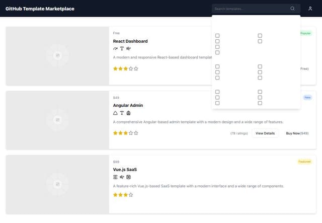 Thumbnail for prompt: I would like to remove the sidepanel and to replace the searchbar with a search engine for technology. When the input have focus a component will be openned just below like a popover that will act as our search engine for technologies splitted into categories (framework, frontend, backend, styling, functionnalities, library etc...)