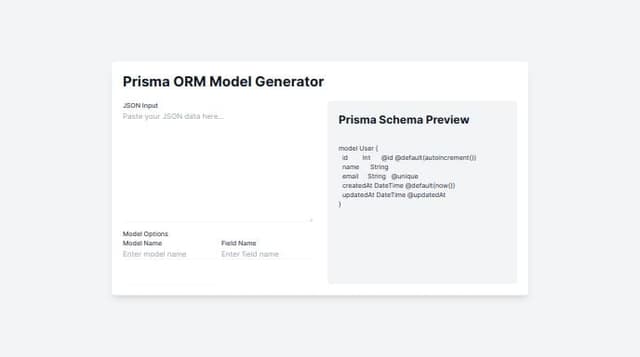Thumbnail for prompt: Tool for developers where get models for Prisma ORM based on json text