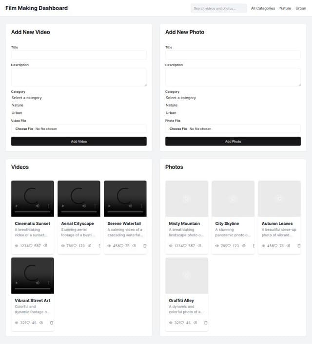 Thumbnail for prompt: build a dashboard where admin can enter the details for a video or photo and view and edit them submit it to the server this dashboard for film making company