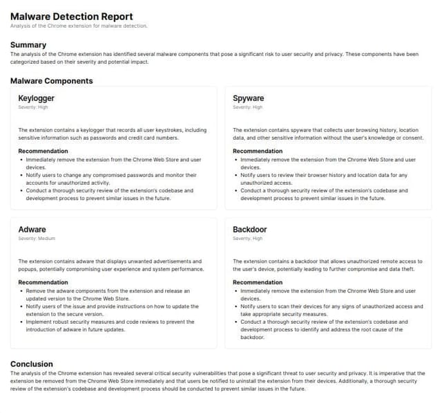 Thumbnail for prompt: please create ui for analysis malware report for chrome extension 