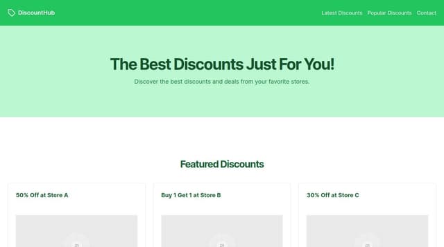 Thumbnail for prompt: a homepage for discount/coupon site. nice navbar, one big slider where the big discounts will be visible. and cards with discounts.