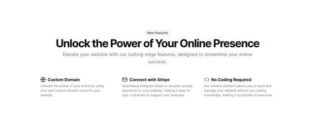 Thumbnail for prompt: make a features section 3 features about custom domain,  connect with stripe to receive payments, and no coding required 