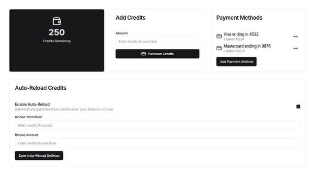 Thumbnail for prompt: i want a ui that allows me to manage credits and payments in my app. it needs to show the number of credits remaining, a way to add more credits by typing in the number of credits to purchase, a way to store credit card information via stripe, and a way to automatically reload credits when running low. 