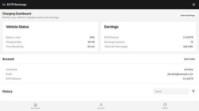 Thumbnail for prompt: For MOBILE CREATE WIREFRAMES 

I have a cryptocurrency application that is for recharging vehicles, specially tesla ones through fleet API, we reward this users with a crypto token called B3TR in the vechain ecosystem and I would like a mobile UI for this where the user sees his charging through fleet api, also knows how much crypto has to claim based on how much the vehicle has recharged , also an account section and history section cta's

I need this to be developed for mobile