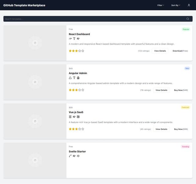 Thumbnail for prompt: Update the rating wth some colors, the number of ratings. Add the price next to the "Buy now" button. Also the search engine shouldn't be in the header but just above the list. In the top right header, add an icon or login button if the user is connected or not