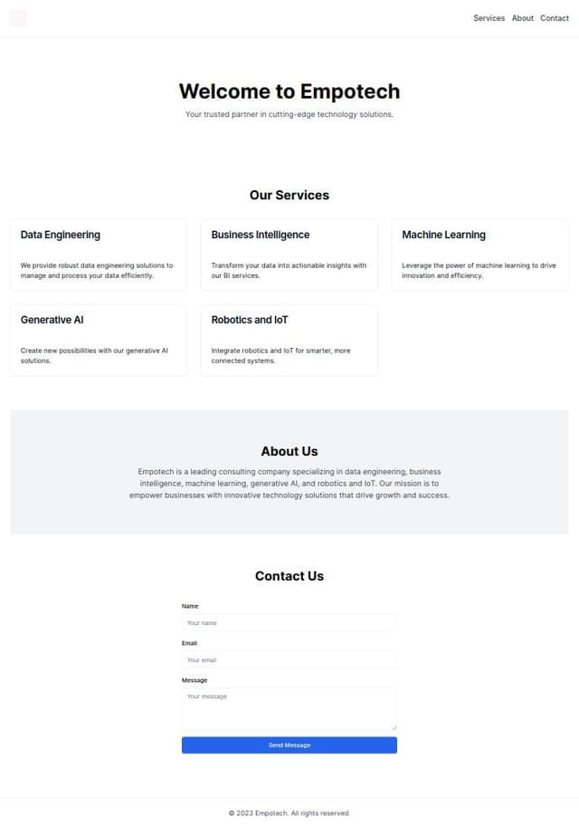 Thumbnail for prompt: A home page for empotech, a consulting company with the following services: Data Engineering, Business Intelligence, Machine Learning, Generative AI and Robotics and IoT
