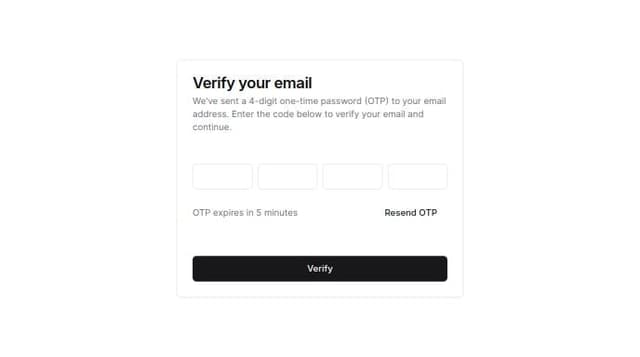 Thumbnail for prompt: Email OTP verification
4-digit OTP
Resend OTP every minute
OTP validity of 5 minutes