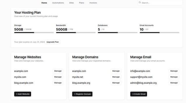 Thumbnail for prompt: Change the menu, place the menu at the top, with the options: Home - Automations - Sites - Plans - Invoices