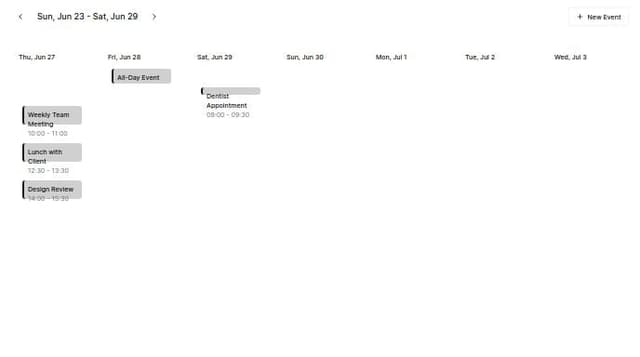 Thumbnail for prompt: google calendar clone with shadcn in the weekly view. It must have buttons to change current week. There should be some events with a start and end time and some events marked as all-day. Dark style