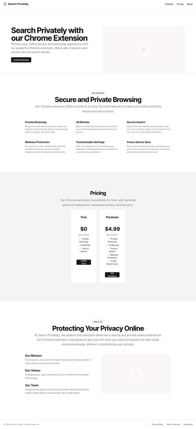 Thumbnail for prompt: Create landing page for chrome extension called search privately 