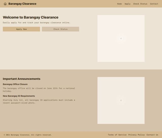 Thumbnail for prompt: Prototype Outline for Online Barangay Clearance System
1. Homepage
Header:

Logo: Barangay Canubing 1 Logo
Navigation Menu: Home, About Us, Apply for Clearance, Check Status, Contact
Main Section:

Welcome Message: Brief introduction about the online clearance system and its benefits.
Quick Links:
Apply for Clearance (Button)
Check Application Status (Button)
FAQs (Link)
Announcements: Latest updates or important information related to clearance applications.
Footer:

Contact Information: Phone number, email address.
Social Media Links: Links to official social media pages.
Legal Information: Privacy Policy, Terms of Service.
2. Application Form Page
Header:

Logo: Barangay Canubing 1 Logo
Navigation Menu: Home, Apply for Clearance, Check Status, Contact
Main Section:

Personal Information Section:

Full Name: [Text Input]
Date of Birth: [Date Picker]
Address: [Text Input]
Contact Number: [Text Input]
Email Address: [Text Input]
Document Upload Section:

Identification Documents: [Uplo