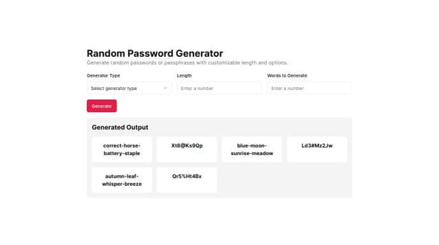 Thumbnail for prompt: Create a new page with the same design for a random password generator. There should be an input field with two options: passphrase and password