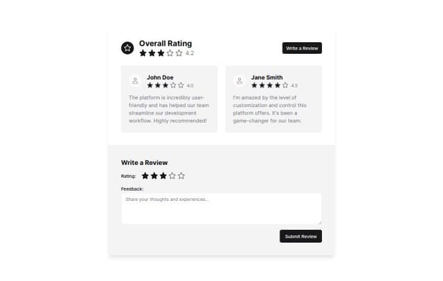 Thumbnail for prompt: Review Section:
Input Field & Rating Component:
Text area for feedback.
Star-based rating system (1-5 stars).
Design: The review section should be visually appealing, using engaging colors, icons, and animations to encourage users to leave feedback. Drawing inspiration from platforms like Dribble or Pinterest can help create an attractive and interactive design.
Post-Submission Display:
Display overall site's rating (average of submitted ratings).
Show last two user reviews with ratings and feedback.