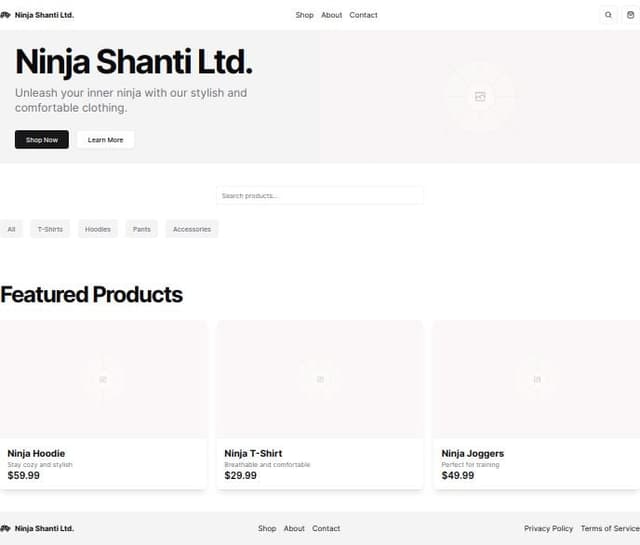 Thumbnail for prompt: A homepage for a clothing brand, Ninja Shanti Ltd.. Search products including by category clearly on the page.  Maybe a Hero first, full page. Annotate with suggested image, maybe a video for the Hero of the mulitple clothes on offer.