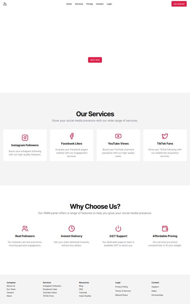 Thumbnail for prompt: Create a sleek and modern landing page for an SMM (Social Media Marketing) Panel. The page should include the following sections:

1. **Header**:
    - Logo on the left.
    - Navigation menu with links: Home, Services, Pricing, Contact, and Login/Signup.
    - A prominent "Get Started" button.

2. **Hero Section**:
    - A captivating background image or video related to social media marketing.
    - A headline: "Boost Your Social Media Presence with Our SMM Panel".
    - A subheadline: "Affordable, Reliable, and Fast Social Media Marketing Services".
    - A call-to-action button: "Start Now".

3. **Services Section**:
    - Headline: "Our Services".
    - A grid or list of services with icons, titles, and brief descriptions. Services might include: Instagram Followers, Facebook Likes, YouTube Views, TikTok Fans, etc.

4. **Features Section**:
    - Headline: "Why Choose Us?".
    - A list of features with icons, such as: "Real Followers", "24/7 Support", "Instant Delivery", "Afforda