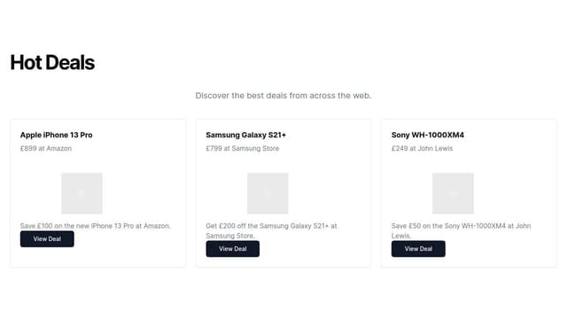 Thumbnail for prompt: Recreate the hotukdeals.com/deals page in a more modern format. Provide some example deals and use better use of available space.