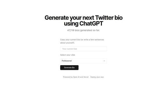 Thumbnail for prompt: Add some text above the first input "Copy your current bio (or write a few sentences about yourself)."

Add the text "Select your vibe" above the dropdown and make the default option "Professional"