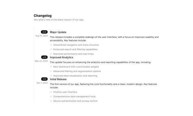 Thumbnail for prompt: create a changelog section of a website. With scrolling roadmap, clarity of diferent versions of the app