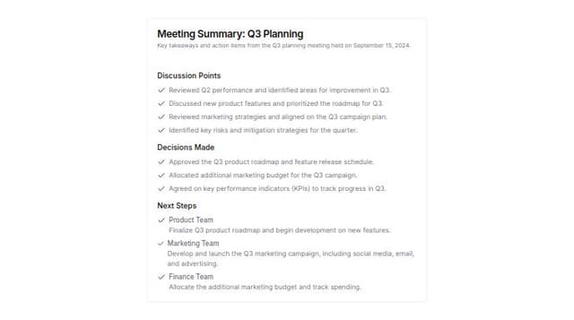 Thumbnail for prompt: a summary page that summarizes a meeting 